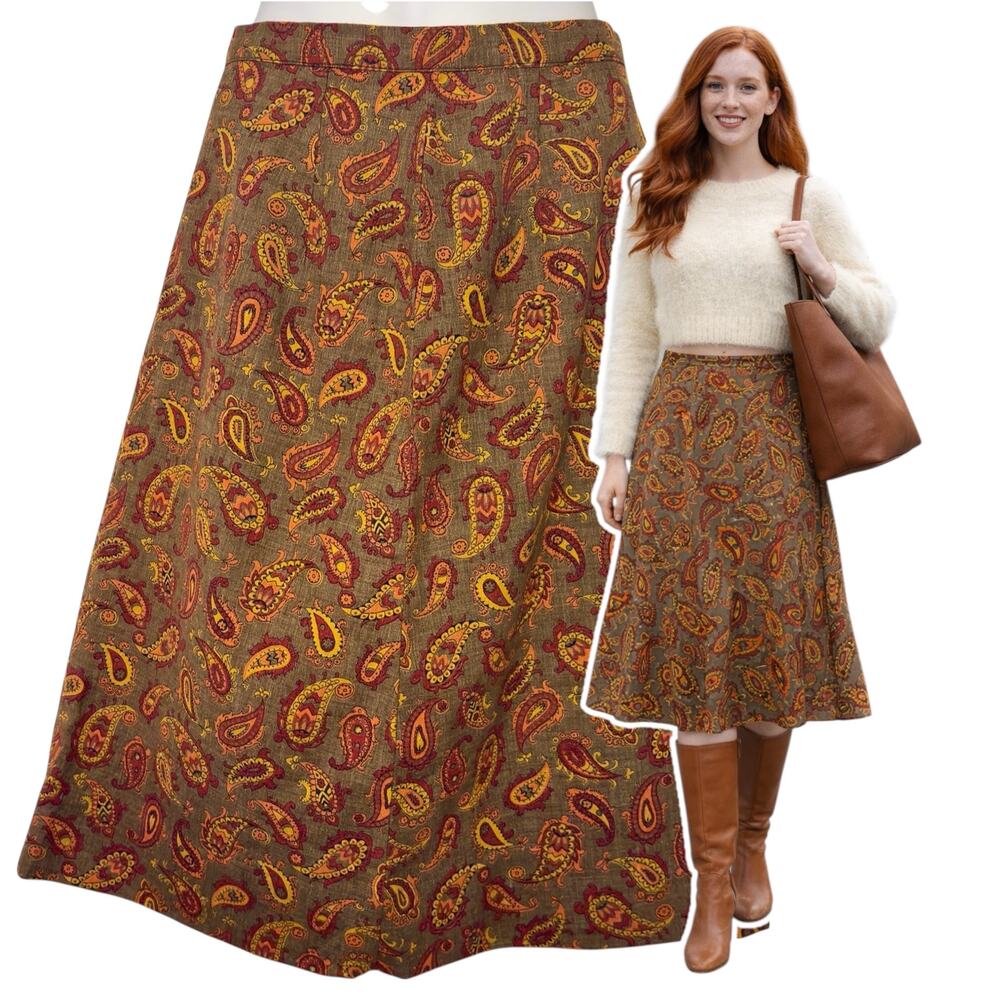 Vtg 60s Paisley Knee Length A-Line Midi Skirt Size XS/Small Preppy Prairiecore